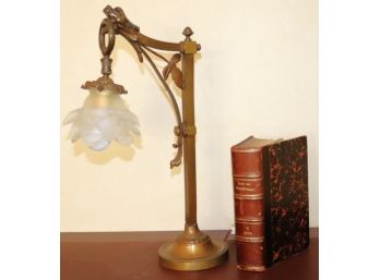 Brass Finished Metal Table Lamp With Frosted Globe & Antique Hardcovered Book