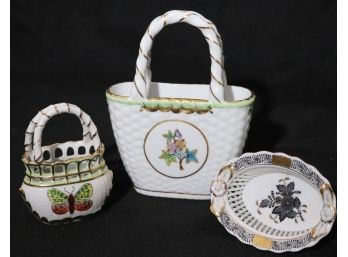 3 Pieces Of Fine Hand Painted Porcelain With Gold Trim By Herend