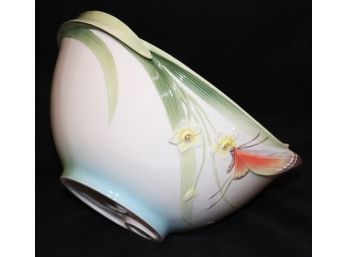 Oversized Fine Porcelain Salad Bowl With Hand Painted Butterflies & Flowers By Franz