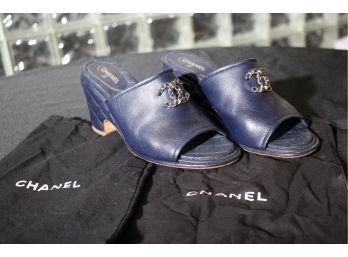 Womens Chanel Navy Blue Leather Peep Toe Slip On High Heel  Size 40