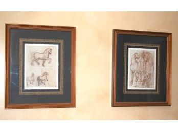 Pair Of Equestrian Sketch Style Prints In Bronze Finish Trimmed Frames