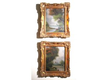 Pair Of Vintage Paintings On Canvas In Ornate Gold Carved Wood Frames