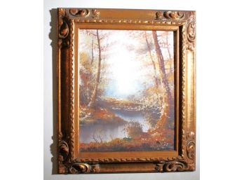 Antique Landscape Painting On Canvas With Carved Antique Frame  Signed SiWama.