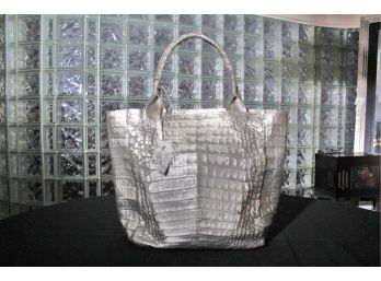 Croc Leather Tote Bag In Platinum/Silver Metallic With Blue Interior