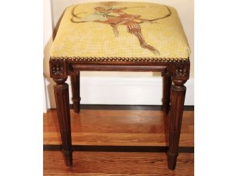 French Style Stool With Needlepoint Seat Cushion & Brass Nail Head