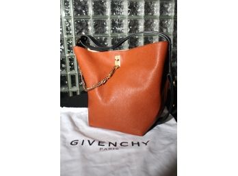 Givenchy Cognac Colored Leather Bucket Bag With Black Strap & Brass Hardware