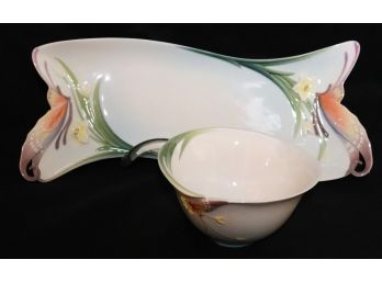 Exquisite Hand Painted Porcelain Tray With Small Bowl With Butterfly Details By Franz