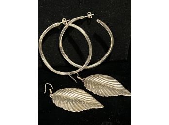 Pair Of Large Sterling Silver Twisted Hoop Earrings & Sterling Silver Leaf Earrings