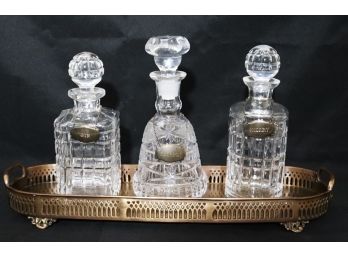3 Assorted Glass Decanters With Brass Finished Tray