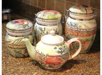 Collection Of Hand Painted Canisters & Teapot By Michal Sparks