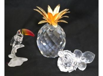 3 Swarovski Crystal Sculptures  Toucan, Pineapple & Rose Bud