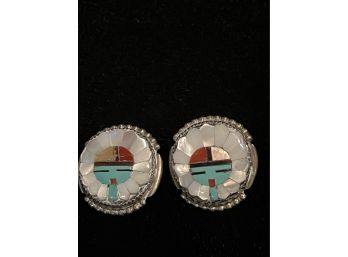 Zuni Native American Sterling Earrings Signed With MOP, Turquoise And Coral Detail