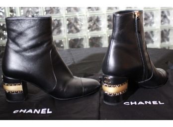 Womens Chanel Black Leather Ankle Boots With Cap Toe  Size 38.5
