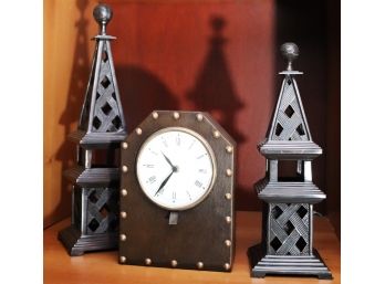 Pair Of Black Metal Topiary Obelisks & Leather Clock