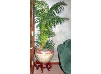 Faux Palm Tree In Asian Inspired Planter With Wood Stand
