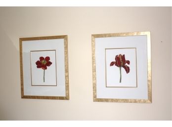Pair Of Framed Floral Prints In Brushed Gold Frames