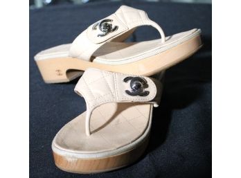 Womens Chanel Cream Quilted Leather Platform Sandals  Size 38.5