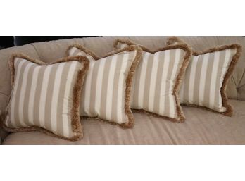 4 Down Filled Throw Pillows In Cream & Beige Stripe With Fringe Surround