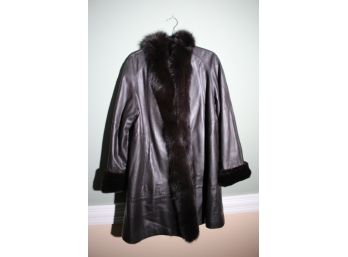 Brown Leather Car Coat With Sheared & Natural Mink Fur Trim