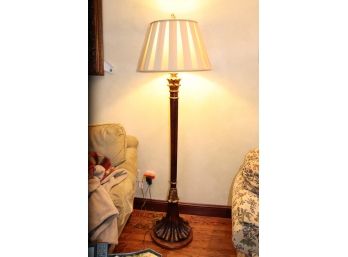 Ornate Carved Wood Floor Lamp With Unique Pleated Shade