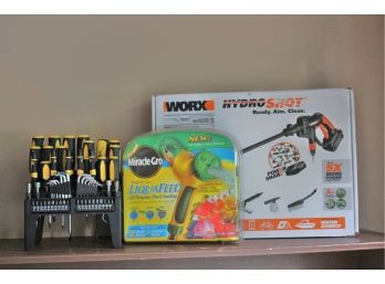 Assorted Garage Essentials  Worx Hydro Shot 3Pc Water Pressure Cleaner & More