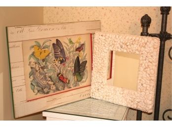 Shell Encrusted Square Mirror & Butterfly Print In Embellished Frame Wall Art