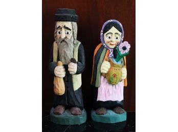 Pair Of Hand Carved & Hand Painted Wood Figurines