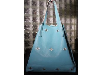 Genuine Italian Leather Tote Bag With Embroidered Bumble Bees