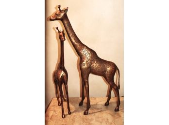 Pair Of Bronze Finish Metal Giraffe Sculptures