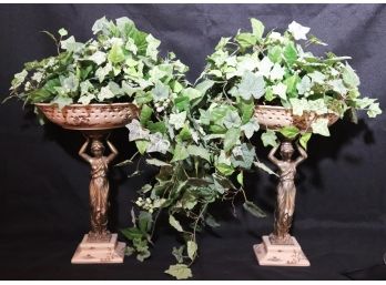 Pair Of Porcelain Figurine Sculptures With Bowls Filled With Faux Ivy