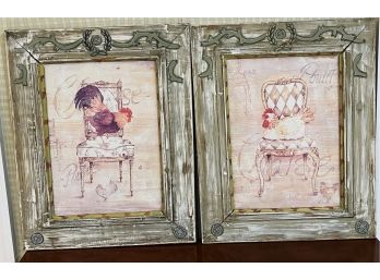 Pair Of Shabby Chic Rooster Inspired Art Prints In Painted Wood Frames
