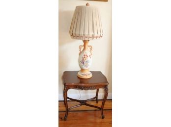 Carved Side Table & Vintage Art Nouveau Ceramic Lamp With String Shade