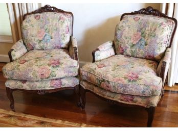 Pair Of French Style Armchairs With Carved Wood Frames & Custom Floral Upholstery