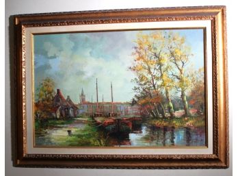 Vintage Oversized Landscape Painting On Canvas In Ornate Antiqued Frame