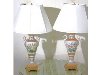Pair Of Frederick Cooper Fine Porcelain Urn Table Lamps With Gold Bases