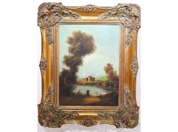 Antique Style Painting On Canvas In Ornate Detailed Gilded Frame