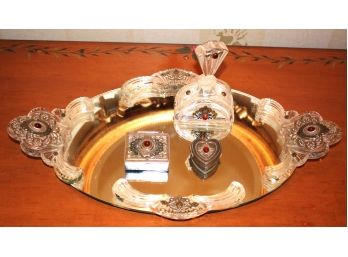 Venetian Style Mirrored Tray With Assorted Matching Vanity Accessories