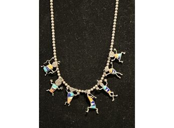 Native American Signed Kritters Sterling Necklace With Dancing Fetishes And Kokapeli Dancers
