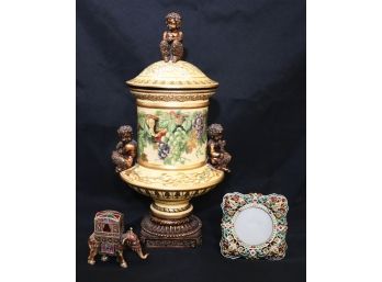 Ornate Style Painted Ceramic Footed Canister/Urn & Embellished Desk Accessories