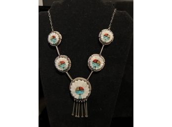 Very Pretty 20 1/2' Sterling  Native American Necklace With 3' Pendant Signed AFP Zuni NM