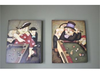 Pair Of Signed Billiard Player Prints