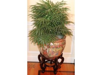 Vintage Asian Vase With Gold Trim & Wooden Base  Includes Faux Palm