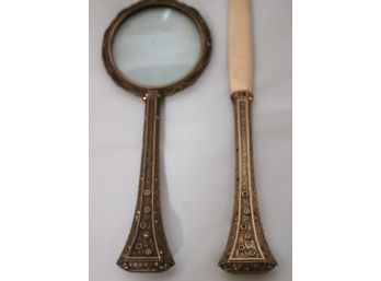 Gorgeous Crystal Adorned Gold/Bronze Finish Metal Letter Opener & Magnifying Glass