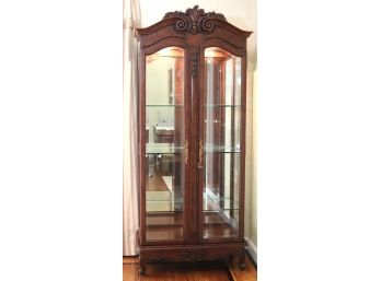 French Style Beveled Glass Curio Cabinet With Mirrored Back & Ornate Details