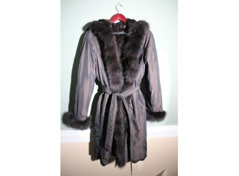 Dana Buchman Iridescent Brown Genuine Fur Lined Belted & Hooded Coat  Size Large