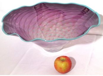 Oversized Murano Style Centerpiece - Scalloped Rim Glass Bowl  Signed On Base