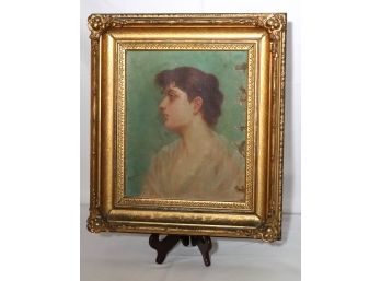 Antique Painting On Canvas In Antique Gilded & Carved Wood Frame