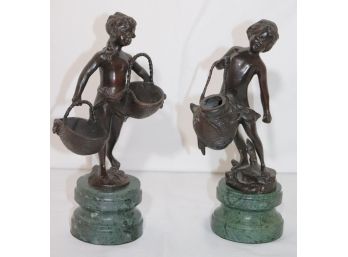 Pair Of Bronze Finish Figurines On Green Marble Bases