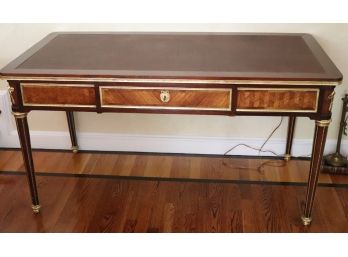 Ornate Writing Desk With Brass Hardware, Inlay Veneer & Inset Leather Top