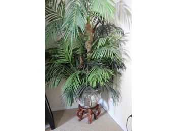Large Faux Palm Tree With Asian Planter With Wood Base